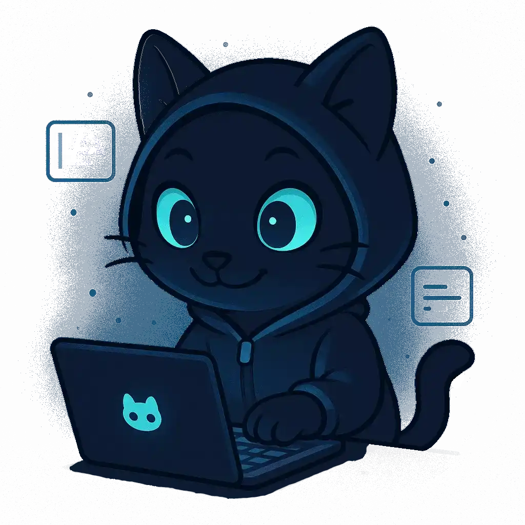 Black cat in a hoodie typing on a laptop with floating code snippets